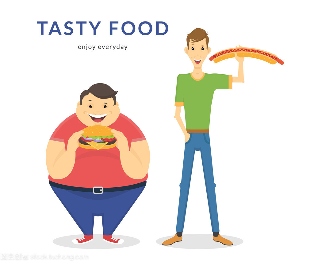 快樂的胖和瘦男人,吃大的食物